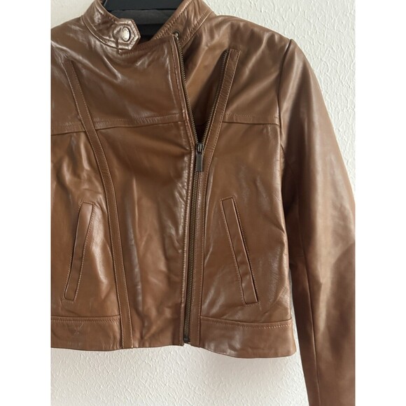 MICHAEL KORS Jacket 100% lambskin Leather Asymmetric Zip Brown luggage NWT - Picture 9 of 16